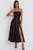 Black Strapless A-Line Ruched Midi Cocktail Dress with Slit