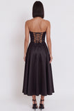 Black Strapless A-Line Ruched Midi Cocktail Dress with Slit