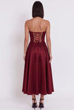 Black Strapless A-Line Ruched Midi Cocktail Dress with Slit