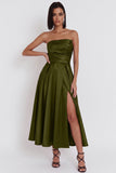 Black Strapless A-Line Ruched Midi Cocktail Dress with Slit
