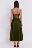 Black Strapless A-Line Ruched Midi Cocktail Dress with Slit