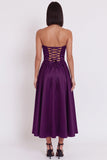 Black Strapless A-Line Ruched Midi Cocktail Dress with Slit