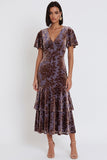 Plum Velvet Sheath V-Neck Tiered Ruffled Flutter Sleeves Midi Cocktail Dress