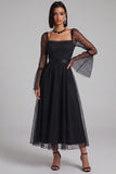 Black Polka Dots A-Line Square Neck Flare Sleeves Tulle Midi Cocktail Dress