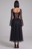 Black Polka Dots A-Line Square Neck Flare Sleeves Tulle Midi Cocktail Dress