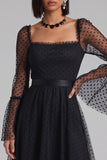 Black Polka Dots A-Line Square Neck Flare Sleeves Tulle Midi Cocktail Dress