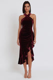 Burgundy Velvet High Low Halter Mermaid Ruched Midi Cocktail Dress with Ruffled Slit