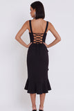 Black Mermaid Square Neck Ruched High Low Midi Cocktail Dress with Asymmetrical Ruffles