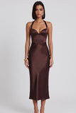 Dark Brown Satin Corset Bodycon Halter Midi Cocktail Dress