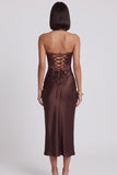 Dark Brown Satin Corset Bodycon Halter Midi Cocktail Dress