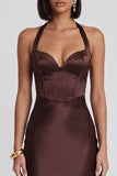 Dark Brown Satin Corset Bodycon Halter Midi Cocktail Dress