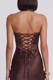 Dark Brown Satin Corset Bodycon Halter Midi Cocktail Dress