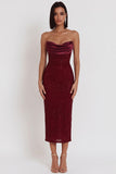 Glitter Burgundy Corset Bodycon Cowl Satin Strapless Midi Cocktail Dress