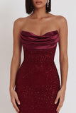 Glitter Burgundy Corset Bodycon Cowl Satin Strapless Midi Cocktail Dress