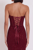 Glitter Burgundy Corset Bodycon Cowl Satin Strapless Midi Cocktail Dress