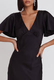 Black Satin Mermaid V-Neck Flutter Sleeves Midi Cocktail Dress