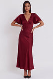 Black Satin Mermaid V-Neck Flutter Sleeves Midi Cocktail Dress
