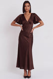 Black Satin Mermaid V-Neck Flutter Sleeves Midi Cocktail Dress