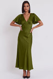 Black Satin Mermaid V-Neck Flutter Sleeves Midi Cocktail Dress