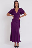 Black Satin Mermaid V-Neck Flutter Sleeves Midi Cocktail Dress