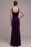Plum Sheath Square Neck Ruched Long Velvet Dress with Slit