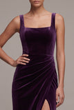 Plum Sheath Square Neck Ruched Long Velvet Dress with Slit