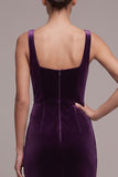 Plum Sheath Square Neck Ruched Long Velvet Dress with Slit