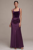 Plum Corset Sheath Satin Square Neck Ruched Long Velvet Dress