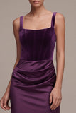 Plum Corset Sheath Satin Square Neck Ruched Long Velvet Dress