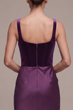 Plum Corset Sheath Satin Square Neck Ruched Long Velvet Dress