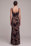 Coffee Mermaid Floral Square Neck Maxi Velvet Dress