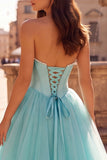 Mint Corset Pearls Strapless A-Line Tulle Satin Long Prom Dress