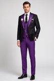 Peak Lapel Black Purple Color Block One Button 3 Piece Men's Prom Suits