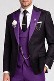 Peak Lapel Black Purple Color Block One Button 3 Piece Men's Prom Suits