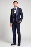 Navy 3 Piece Shawl Lapel Beaded One Button Men's Prom Suits