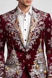 Christmas Printed Burgundy Notched Lapel One Button Men's Prom Blazer