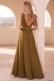Olive A-Line Scoop Neck Long Wedding Guest Dress with Slit