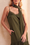 Olive Satin Tiered Spaghetti Straps Chiffon Long Wedding Guest Dress with Pockets