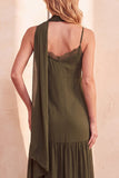 Olive Satin Tiered Spaghetti Straps Chiffon Long Wedding Guest Dress with Pockets