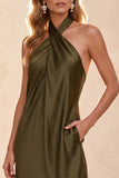 Olive Halter Sheath Satin Long Wedding Guest Dress with Pockets