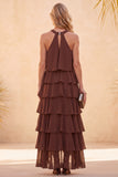 Coffee Halter Tiered Ruffled High Low Chiffon Long Wedding Guest Dress with Beading
