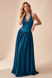 Peacock Blue A-Line Halter Satin Pleated Long Wedding Guest Dress with Lace