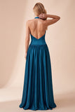 Peacock Blue A-Line Halter Satin Pleated Long Wedding Guest Dress with Lace