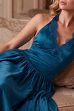 Peacock Blue A-Line Halter Satin Pleated Long Wedding Guest Dress with Lace