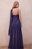 Navy Satin A-Line Chiffon Spaghetti Straps Maxi Wedding Guest Dress with Lace