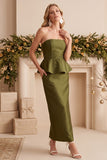 Olive Sheath Peplum Satin Strapless Long Wedding Guest Dress with Beading