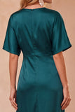 Peacock Blue Satin Sheath Lace V-Neck Short Sleeves Long Wedding Guest Dress with Slit