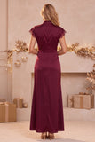 Burgundy Sheath High Neck Cap Sleeves Ruched Long Wedding Guest Dress with Lace Slit
