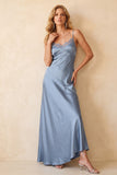 Dusty Blue Sheath Satin Spaghetti Straps Long Wedding Guest Dress with Lace