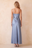 Dusty Blue Sheath Satin Spaghetti Straps Long Wedding Guest Dress with Lace